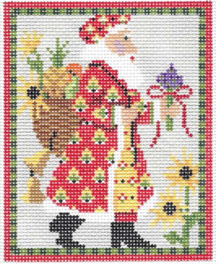 Kelly Clark needlepoint canvas of Santa Claus in Provence France wearing a French country patterned coat picking sunflowers and lavender