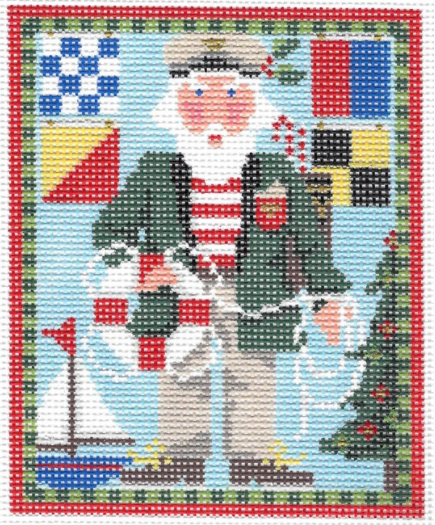 Kelly Clark Christmas needlepoint canvas of a Santa holding a live preserver with nautical signal flags and a sailboat in the background