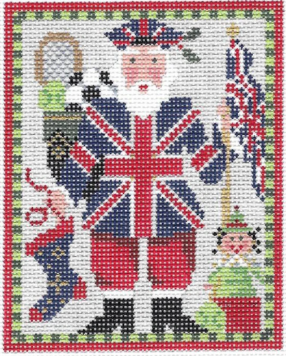 Kelly Clark Christmas needlepoint canvas of a British Santa wearing a Union Jack coat holding a stocking and carrying a tennis racket and ball and a soccer ball