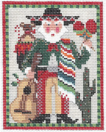 Kelly Clark needlepoint canvas of Santa Claus in the Southwest of the United States holding maracas and a guitar, wearing cowboy boots and a sombrero and standing by a cactus in the desert