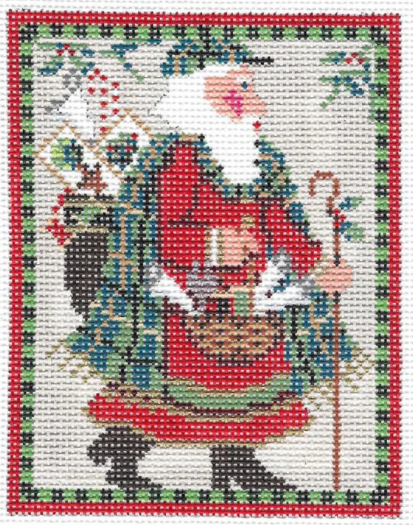 Kelly Clark Christmas needlepoint canvas of a Santa carrying his stitching wearing a scarf with holly leaves and berries
