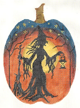 Kelly Clark Halloween needlepoint canvas of a pumpkin with a witch silhouette holding a lantern and a broom at night with the full moon