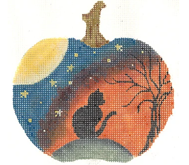 Kelly Clark for Colonial Needle needlepoint canvas of a pumpkin standup with a cat silhouette, a night sky, and a full moon