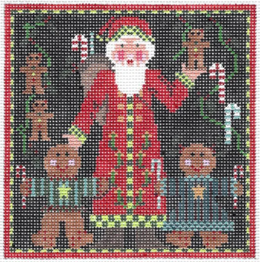 Kelly Clark Christmas needlepoint canvas of Santa Claus with gingerbread cookie children and candy canes