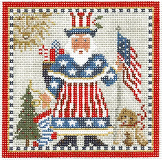 Kelly Clark patriotic Christmas needlepoint canvas of a Santa wearing an American flag patterned coat and an uncle sam hat with a dog and a Christmas tree