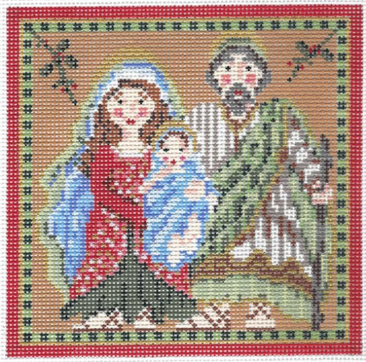 Kelly Clark Christmas nativity needlepoint canvas of Mary, Joseph, and baby Jesus with a red, green, and holly border