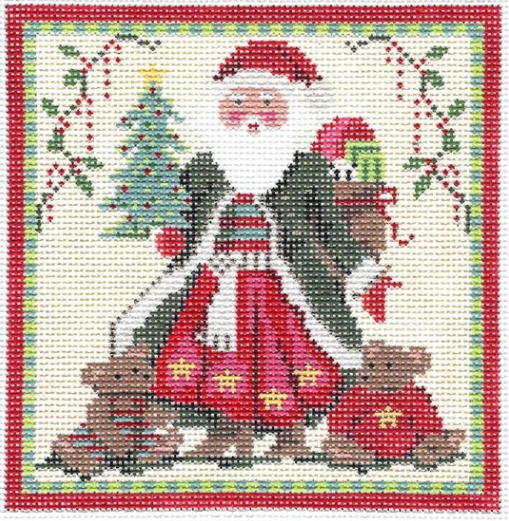 Kelly Clark Christmas needlepoint canvas of Santa Claus holding a small Christmas tree with two teddy bears and holly and candy cane garlands