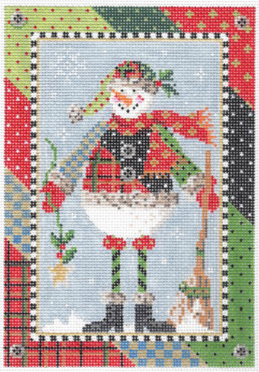 Kelly Clark winter and Christmas needlepoint canvas of a snowman wearing a patchwork coat and hat with a broom and holly leaves and berries in the snow with a patchwork border