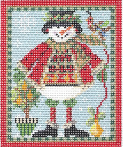 Kelly Clark winter and Christmas needlepoint canvas of a snowman wearing a top hat, red coat, and mittens with a quail and a pear tree in the snow