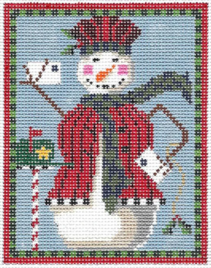 Kelly Clark winter and Christmas needlepoint canvas of a snowman wearing a red hat and coat with a green scarf delivering the mail with holly leaves and berries