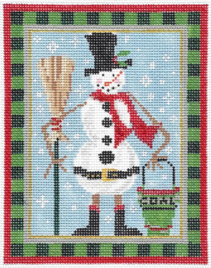 Kelly Clark winter and Christmas needlepoint canvas of a snowman wearing a top hat and scarf holding a broom and a coal bucket in the snow - he's all ready to clean your fireplace!