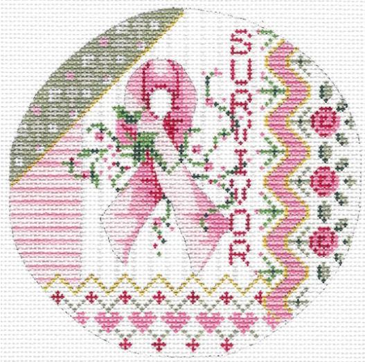 Kelly Clark needlepoint canvas that says "survivor" with the pink ribbon for breast cancer awareness and pink flowers