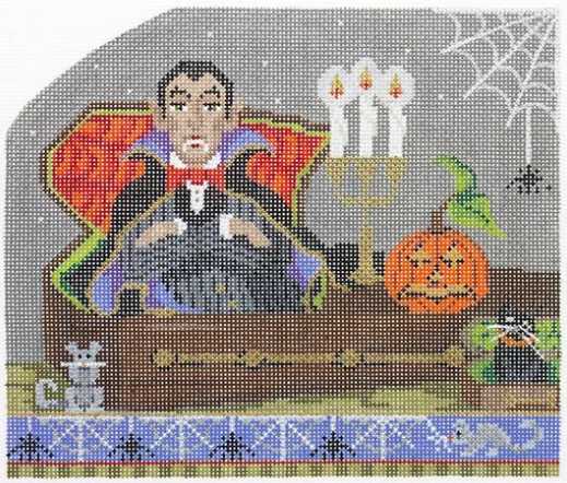 Kelly Clark Halloween needlepoint canvas of the vampire Dracula in a coffin with a candelabra and jackolantern on top and a cat and mouse in front. Dracula is wearing a pinstripe suit and a black cape lined with purple