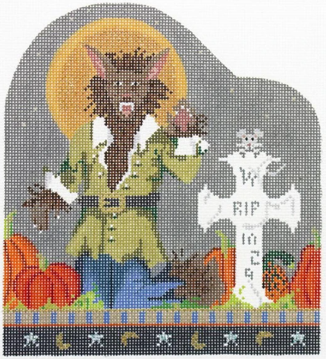 Kelly Clark halloween needlepoint canvas of a werewolf in a graveyard with a cross-shaped headstone and lots of pumpkins under a full moon