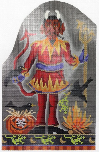 Kelly Clark Halloween needlepoint canvas of the devil holding a trident with crows and a jack-o-lantern pumpkin