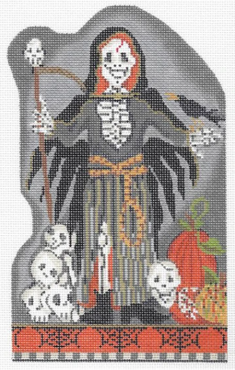 Kelly Clark halloween needlepoint canvas of the grim reaper holding his scythe with skulls, a crow, and pumpkins