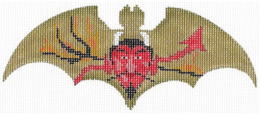 Kelly Clark needlepoint canvas of a bat shape with the devil with a fire trident