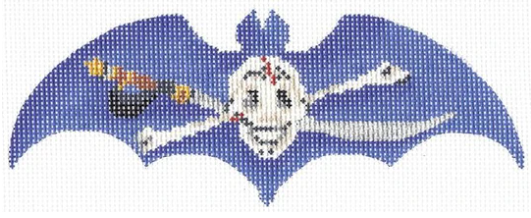 Kelly clark needlepoint canvas in the shape of a bat with a skull and crossbones with a pirate sword