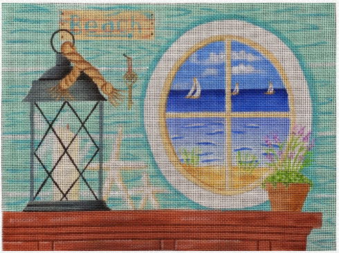 Kim Leo needlepoint canvas of a seaside tablescape with a table with a lantern and starfish with a window overlooking the beach with sailboats in the background