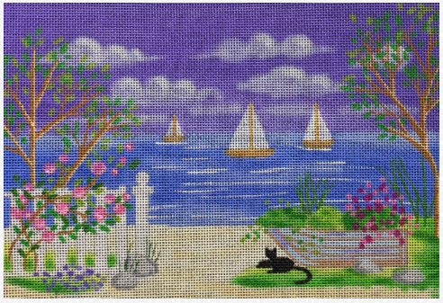 Kim Leo needlepoint canvas from Vallerie Needlepoint Gallery of a beach landscape with a cat and sailboats