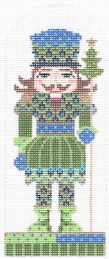Kelly Clark needlepoint canvas of a blue and green Christmas nutcracker holding a staff with a Christmas tree on top