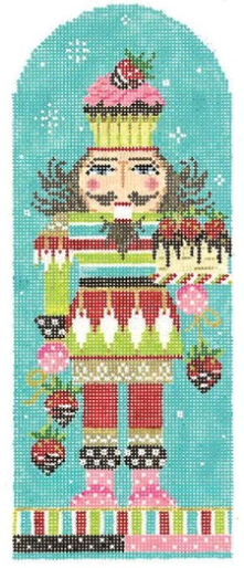 Kelly Clark for Colonial Needle needlepoint canvas of a nutcracker holding a strawberry dessert and chocolate covered strawberries