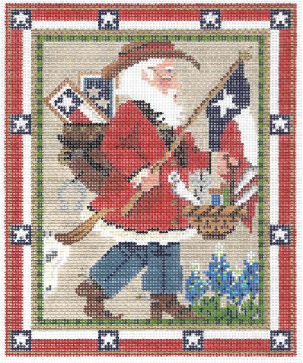 Kelly Clark needlepoint canvas of a Santa wearing a cowboy hat and boots holding a texas flag with a longhorn and blue bonnet flowers in the background