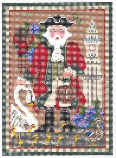 Kelly Clark needlepoint canvas of Santa Claus in Boston wearing a tricorner hat with the ducks from Boston Common and a lobster