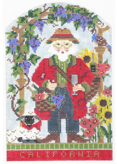 Kelly Clark needlepoint canvas of Santa Claus in a California Vineyard with grapes, wine, and sunflowers