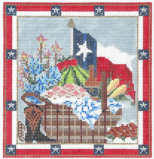 Kelly Clark Texas needlepoint canvas of a picnic basket with corn, watermelon, and blue bonnets with a cowboy boot and the Texas flag