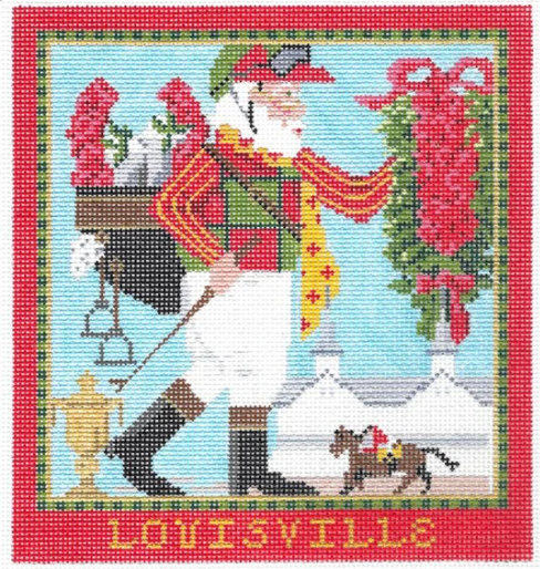 Kelly Clark needlepoint canvas of a Santa from Louisville Kentucky wearing riding pants at Churchill Downs for the Kentucky Derby