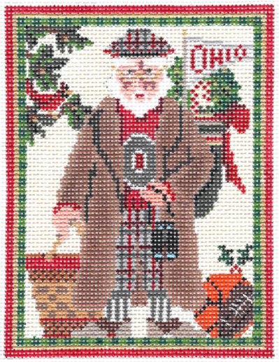 Kelly Clark Christmas needlepoint canvas of a Santa representing the Ohio State University Buckeyes with a basketball and football with holly and a cardinal in the background