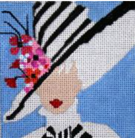 Melissa Prince needlepoint canvas movie coaster for the movie "My Fair Lady" of a woman wearing a large bold milliner's hat with flowers and lipstick