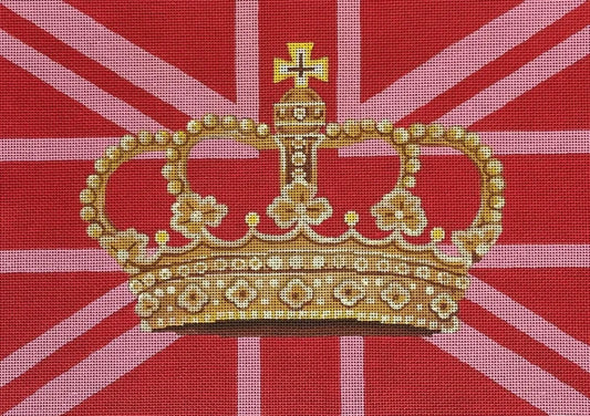 Colors of Praise needlepoint canvas of a Union Jack flag in red and pink with a large crown