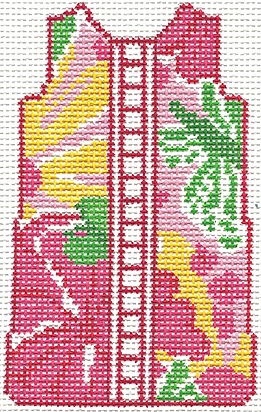 Two Sisters preppy needlepoint canvas of a small sleeveless dress with tropical floral pattern