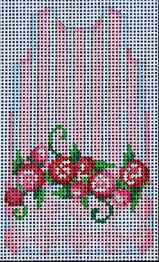 Two Sisters preppy needlepoint canvas of a pink and white striped small sleeveless dress with roses and floral accent