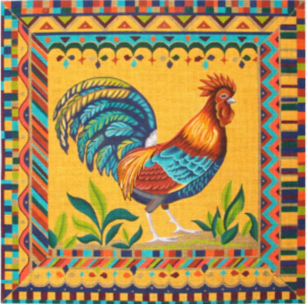 Vallerie Needlepoint Gallery needlepoint canvas of a vibrant rooster with a bold geometric border