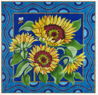 DC Designs floral needlepoint canvas of sunflowers and a bumblebee or honeybee with a blue geometric border