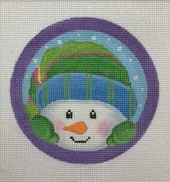 Pepperberry needlepoint canvas of a whimsical snowman peeking his head into the frame of the circular canvas with his mittens on the edge