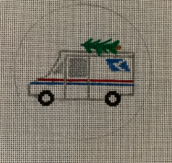 Vallerie Needlepoint Gallery round needlepoint canvas of a United States Postal Service (USPS) mail delivery truck with a Christmas tree on the roof