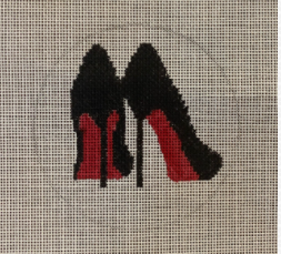 Vallerie Needlepoint Gallery round needlepoint canvas of a pair of Louboutin designer black high heeled shoes with red soles