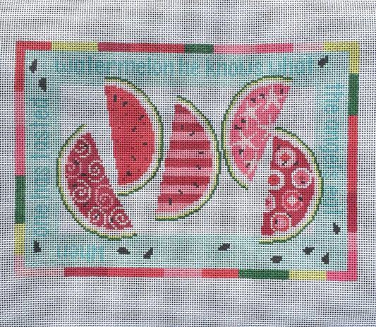 Pippin needlepoint canvas of five watermelons with the phrase" when one has tasted watermelon he knows what the angels eat"