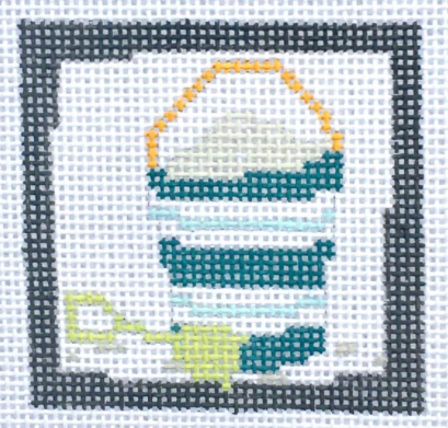 Pippin square needlepoint canvas of a blue and white striped sand bucket with beach shovel