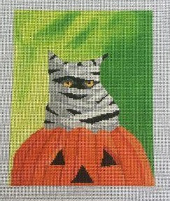 Scott Church Halloween needlepoint canvas of a black cat wrapped as a mummy sitting on a jack-o-lantern