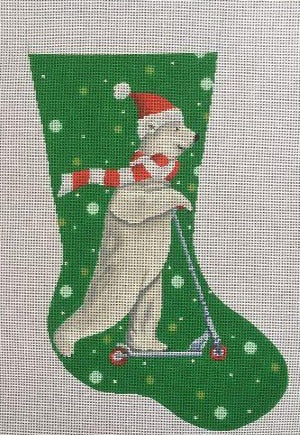 Scott Church Christmas needlepoint canvas of a polar bear wearing a Santa hat riding a scooter on a green snowy background