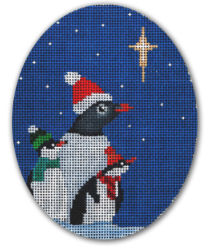 Scott Church needlepoint canvas of three penguins wearing winter hats looking at the north star