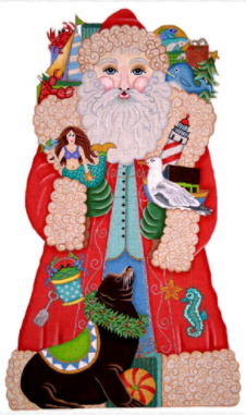 Amanda Lawford Christmas needlepoint canvas of a Santa holding nautical items - lighthouse, mermaid, seagull, sailboat, crab, etc. with a seal wearing a wreath at his feet