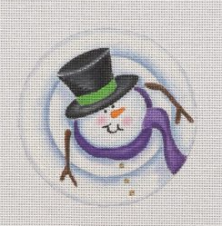Pepperberry needlepoint canvas of a whimsical snowman wearing a scarf and a top hat viewed from above (concentric circles)