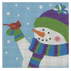 Pepperberry square needlepoint canvas of a whimsical snowman wearing hat scarf and mittens with rosy cheeks holding a cardinal with snow in the background
