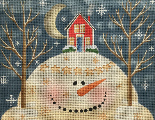 Vallerie Needlepoint Gallery needlepoint canvas of a snowman holding two trees with a house on his head and snow angels